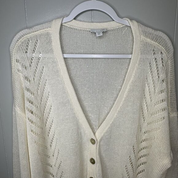 J Jill Womens Ivory Pointelle Cardigan Sweater Sz XL Linen Blend Button Front - Picture 4 of 15